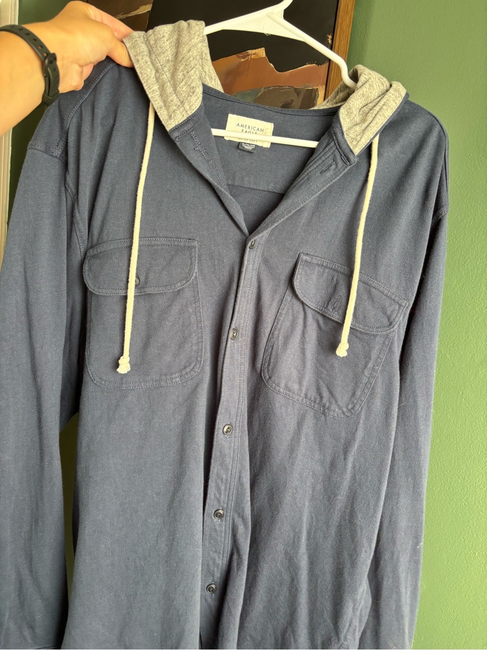 American Eagle Outfitters Navy Shirt-Jacket with Gray Hood